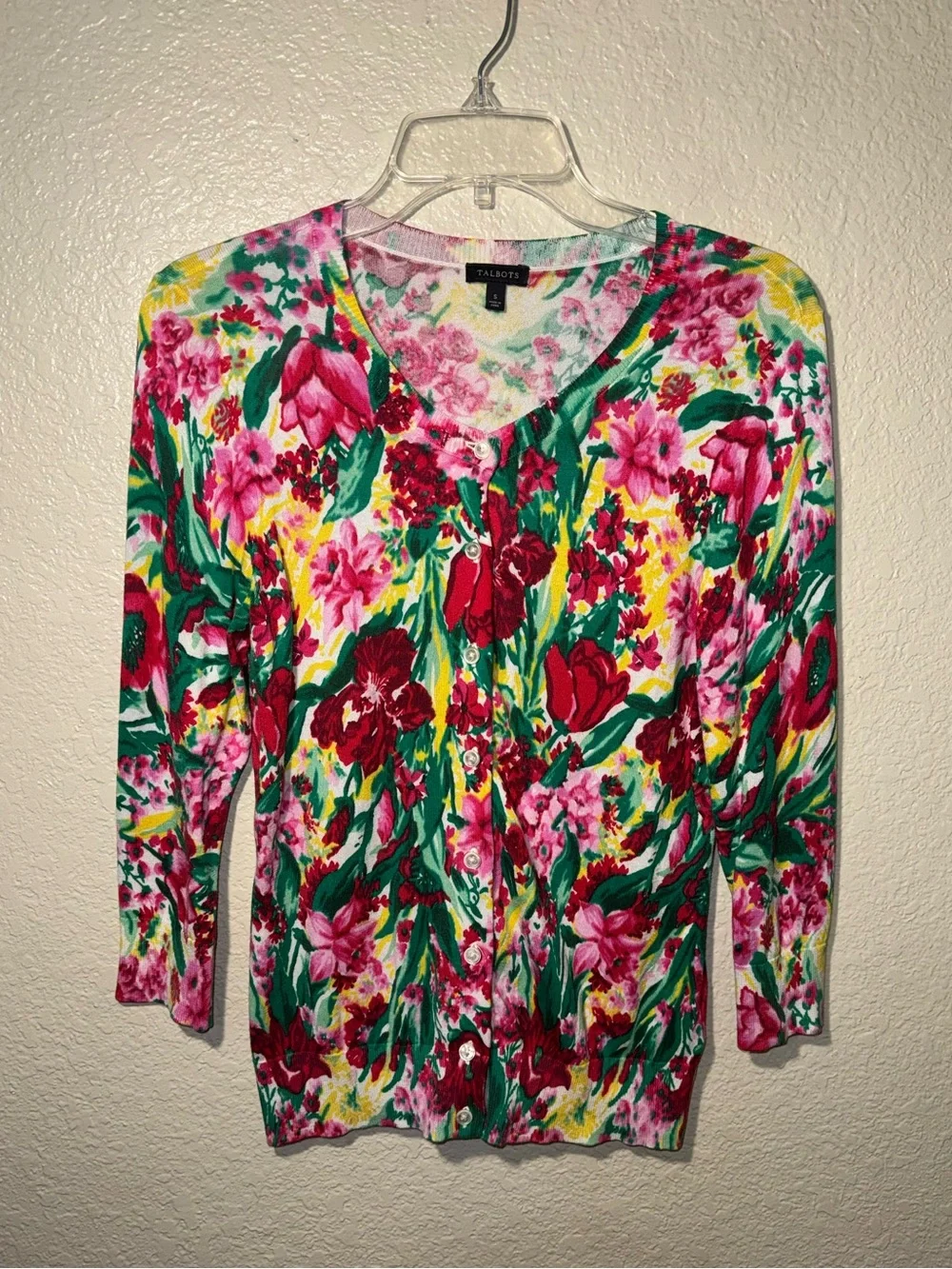 Talbots Small Floral Cardigan Pink Green Button Front Sweater